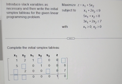 Introduce slack variables as Maximize z=x_1+5x_2
necessary and then write the initial subject to x_1+2x_2≤ 9
simplex tableau for the given linear
programming problem
5x_1+x_2≤ 8
3x_1+2x_2≤ 7
with x_1≥ 0,x_2≥ 0
Complete the initial simplex tableau.