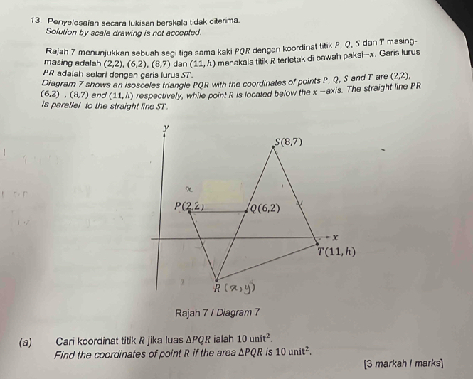 Penyelesaian secara lukisan berskala tidak diterima.
Solution by scale drawing is not accepted.
Rajah 7 menunjukkan sebuah segi tiga sama kaki PQR dengan koordinat titik P, Q, S dan T masing-
masing adalah (2,2),(6,2),(8,7) dan (11,h) manakala titik R terletak di bawah paksi—x. Garis lurus
PR adalah selari dengan garis lurus ST.
Diagram 7 shows an isosceles triangle PQR with the coordinates of points P, Q, S and T are (2,2),
(6,2),(8,7) and (11,h) respectively, while point R is located below the x-ax is. The straight line PR
is parallel to the straight line ST.
Rajah 7 / Diagram 7
(a)_ Cari koordinat titik R jika luas △ PQR ialah 10unit^2.
Find the coordinates of point R if the area △ PQR is 10unit^2.
[3 markah I marks]