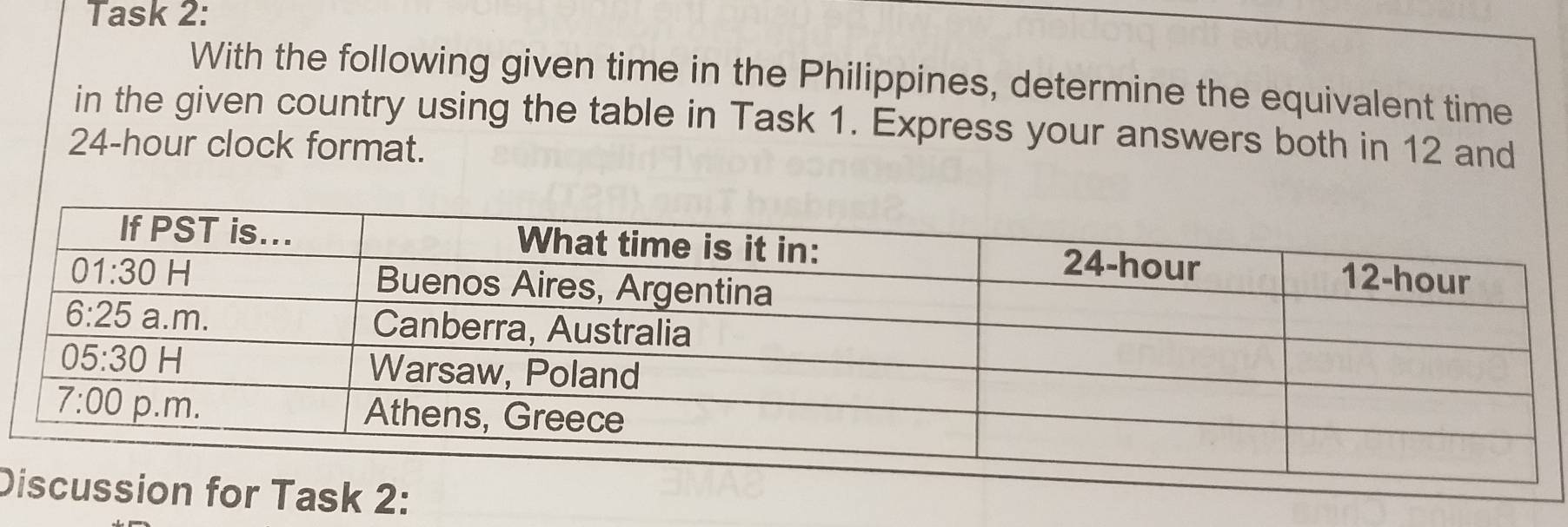 Task 2:
With the following given time in the Philippines, determine the equivalent time
in the given country using the table in Task 1. Express your answers both in 12 and
24-hour clock format.
Dsk 2: