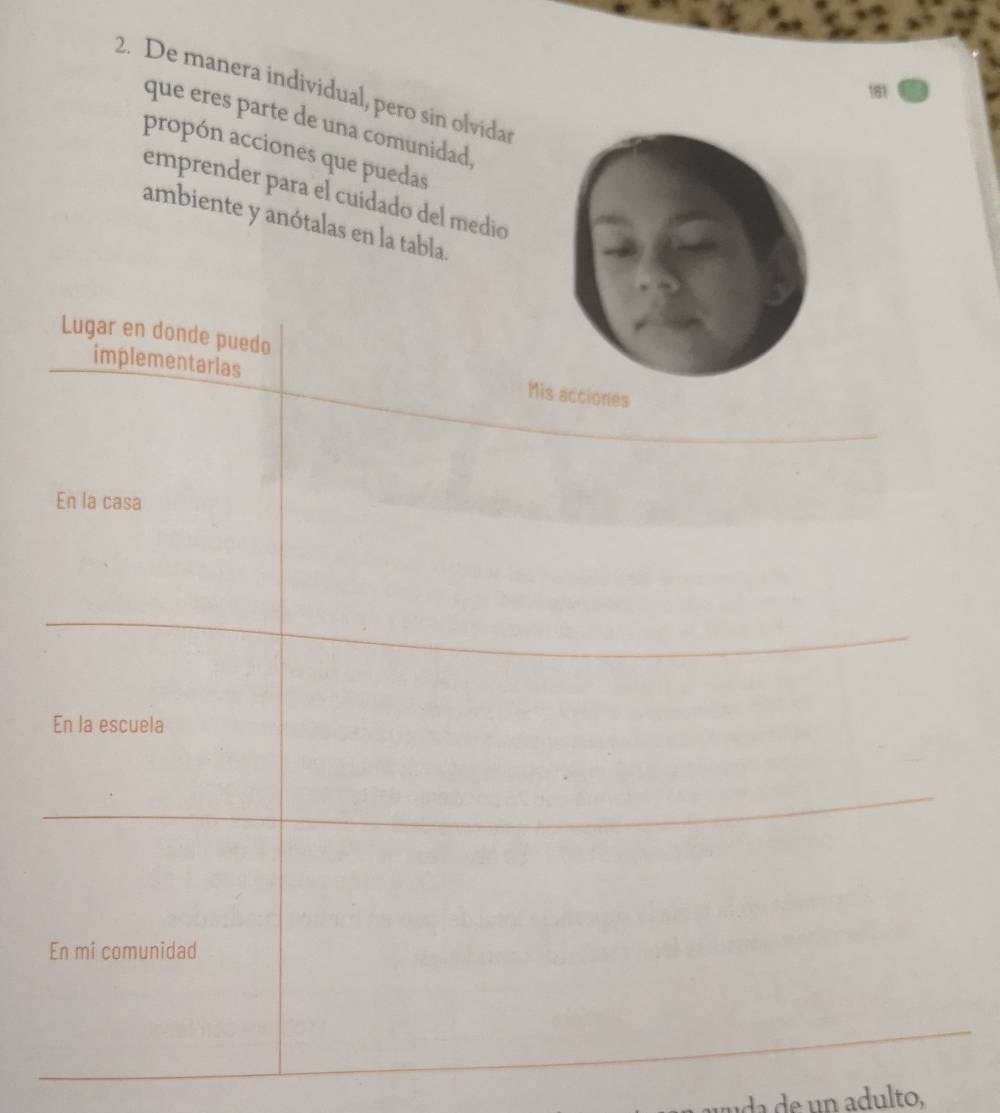 De manera individual, pero sin olvidar 
que eres parte de una comunidad, 
propón acciones que puedas 
emprender para el cuídado del medio 
ambiente y anótalas en la tabla. 
ruda de un adulto,