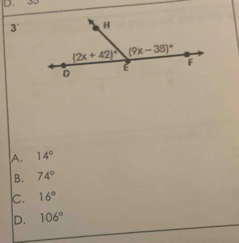 D、
3'
A. 14°
B. 74°
C. 16°
D. 106°