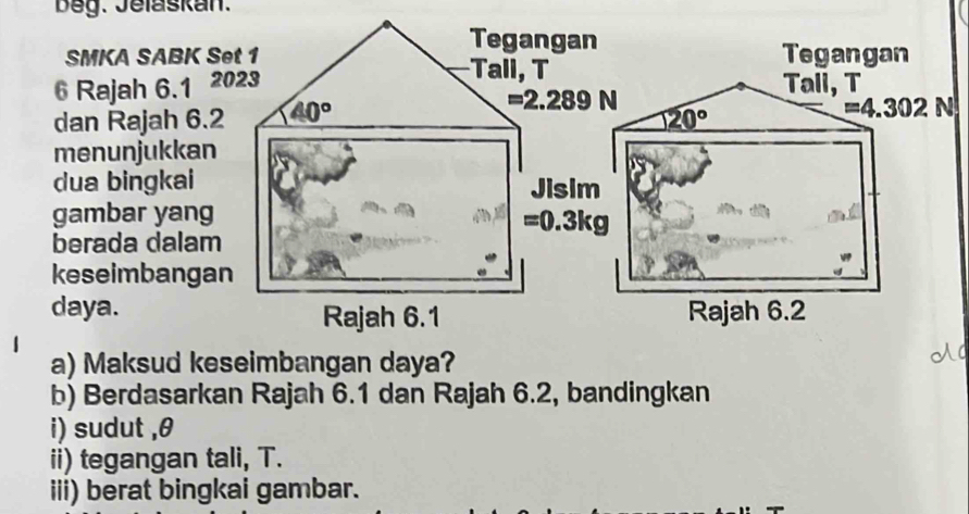 Beg. Jelaskan. 
Tegangan 
SMKA SABK Set 1 Tegangan 
6 Rajah 6.1 2023 
Tall, T 
Tali, T 
dan Rajah 6.2 40°
=2.289N
20°
=4.302N
menunjukkan 
dua bingkai Jisim 
gambar yang
=0.3kg
berada dalam 
keseimbangan 
daya. Rajah 6.1 Rajah 6.2 
a) Maksud keseimbangan daya? 
b) Berdasarkan Rajah 6.1 dan Rajah 6.2, bandingkan 
i) sudut , θ
ii) tegangan tali, T. 
iii) berat bingkai gambar.