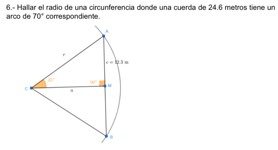 6.- Hallar el radio de una circunferencia donde una cuerda de 24.6 metros tiene un
arco de 70° correspondiente.