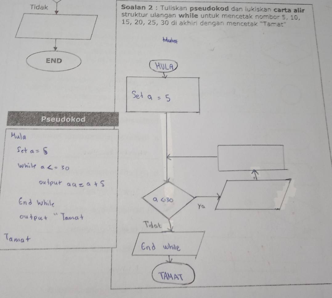 Soalan 2 : Tuliskan pseudokod dan lukiskan carta alir 
struktur ulangan while untuk mencetak nombor 5, 10,
15, 20, 25, 30 di akhiri dengan mencetak 'Tamat' 
Pseudokod