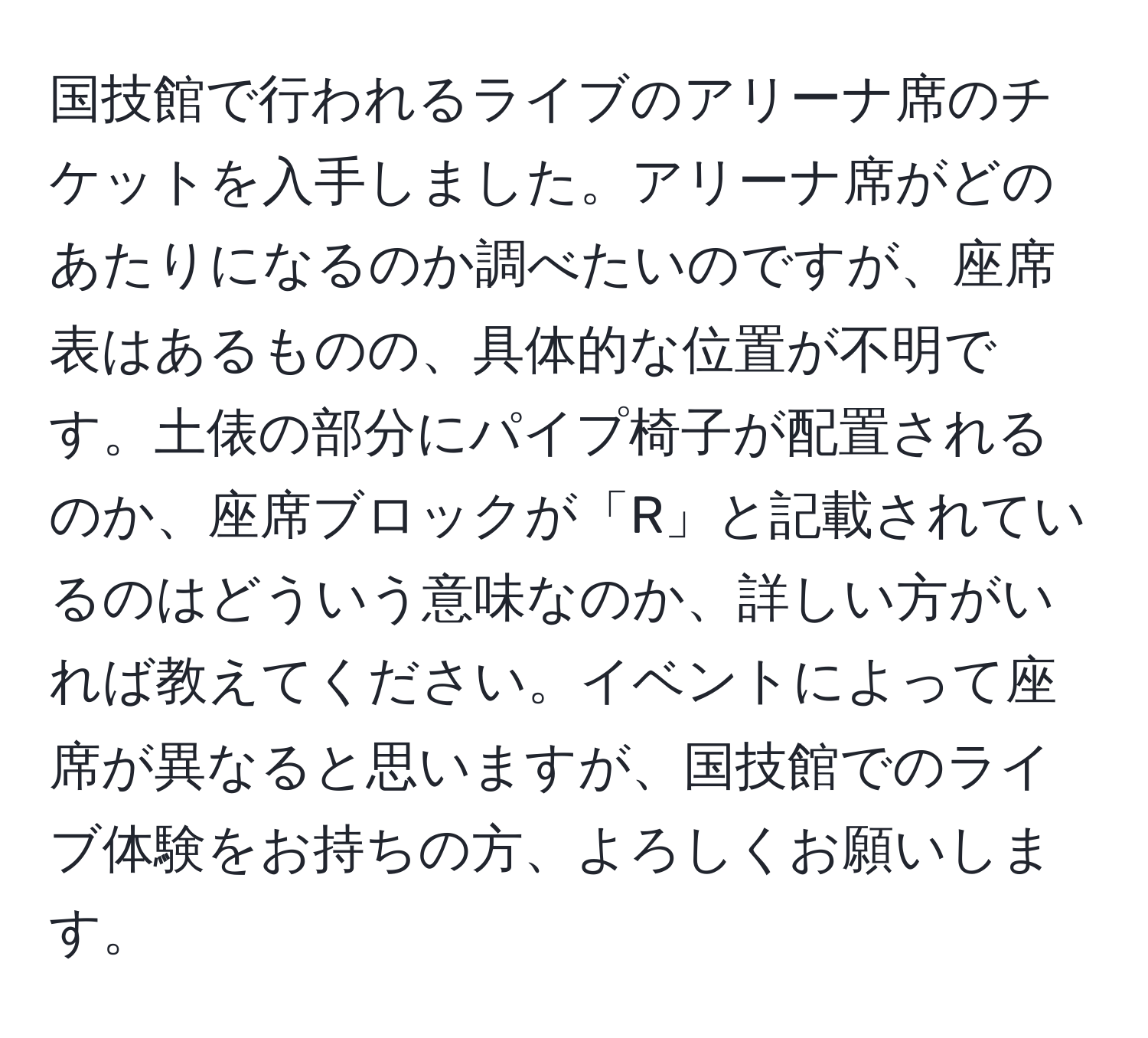 国技館で行われるライブのアリーナ席のチケットを入手しました。アリーナ席がどのあたりになるのか調べたいのですが、座席表はあるものの、具体的な位置が不明です。土俵の部分にパイプ椅子が配置されるのか、座席ブロックが「R」と記載されているのはどういう意味なのか、詳しい方がいれば教えてください。イベントによって座席が異なると思いますが、国技館でのライブ体験をお持ちの方、よろしくお願いします。