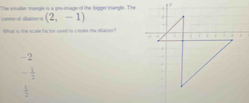 The smalier mangle is a pre-image of the bigger triangle. The
center of diation is (2,-1)
4
What is the scale factor used to create the dilation?
1 i i
-2
4
- 1/2 
1
 1/2 