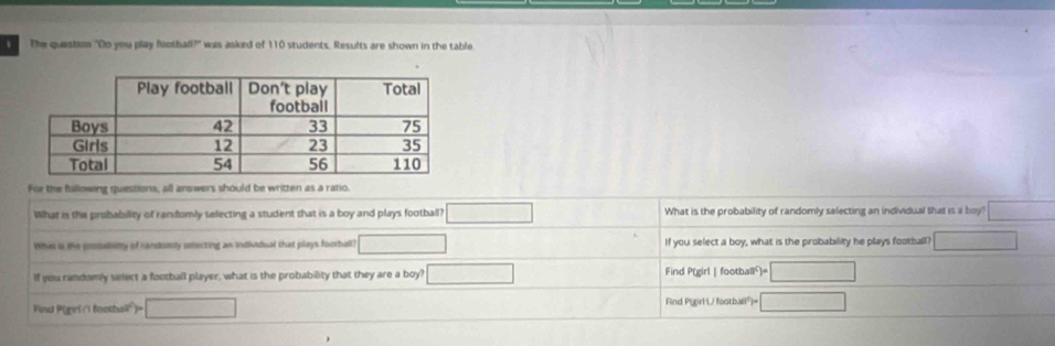 The question "Do you play fuotball?' was asked of 110 students. Results are shown in the table 
For the fallowing questions; all answers should be written as a ratio. 
What is the probability of randomly selecting a student that is a boy and plays football? □ What is the probability of randomly selecting an individual that is a boy? □ 
Whas is te proballilty of candioinly setecting an individual that plays football? □ If you select a boy, what is the probability he plays football? □ 
If you randomly select a football player, what is the probability that they are a boy? □ Find P(girl |football)= □
Find P(girl/i feotball")= □ Find P(girli/ football²)= □