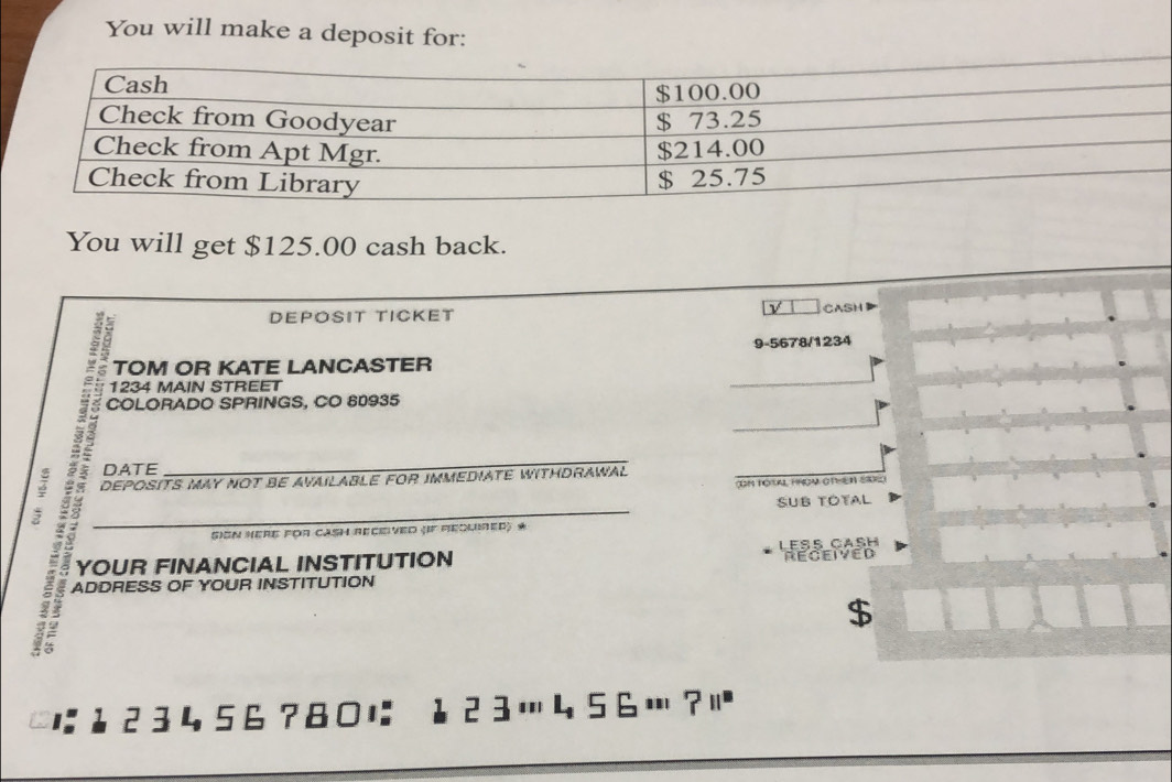You will make a deposit for: 
You will get $125.00 cash back. 
DEPOSIT TICKET CASH 
TOM OR KATE LANCASTER 9-5678/1234
1234 MAIN STREET 
COLORADO SPRINGS, CO 60935 
DATE 
_ 
DEPOSITS MAY NOT BE AVAILABLE FOR IMMEDIATE WITHDRAWAL 
(OM TOTAL HRON OTHEN SR) 
_ 
SUB TOTAL 
Sión MEre for CaSH Recived (F Reolired) « 
YOUR FINANCIAL INSTITUTION Leßß CaßH 
ADDRESS OF YOUR INSTITUTION REGEIVED 
$
34 56 ? 80に 1 2 3… 456…?ï