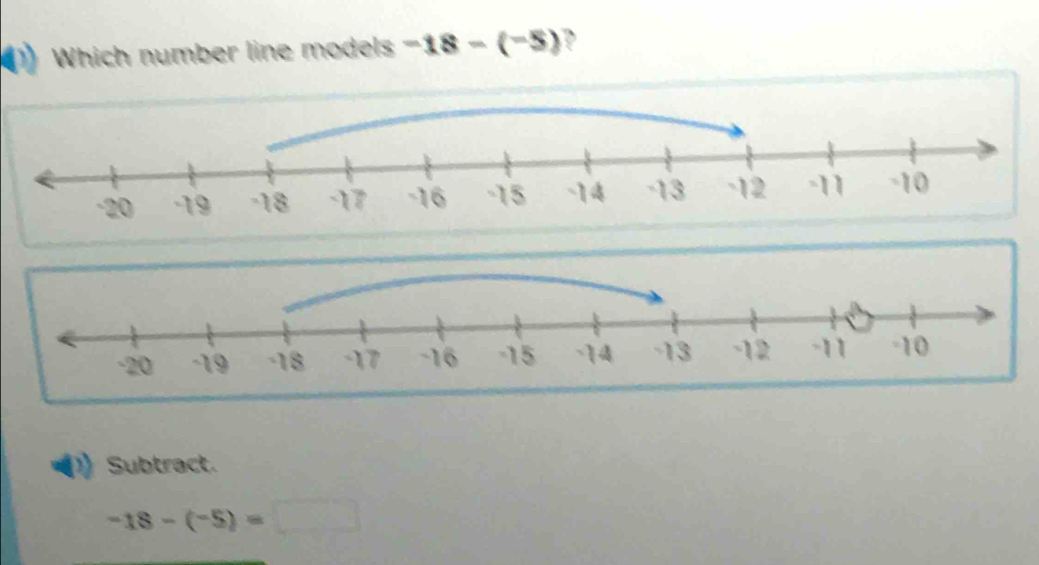 Which number line models -18-(-5) ?
Subtract.
-18-(-5)=□