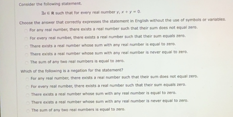 Solved: Consider the following statement. exists x∈ R such that for ...