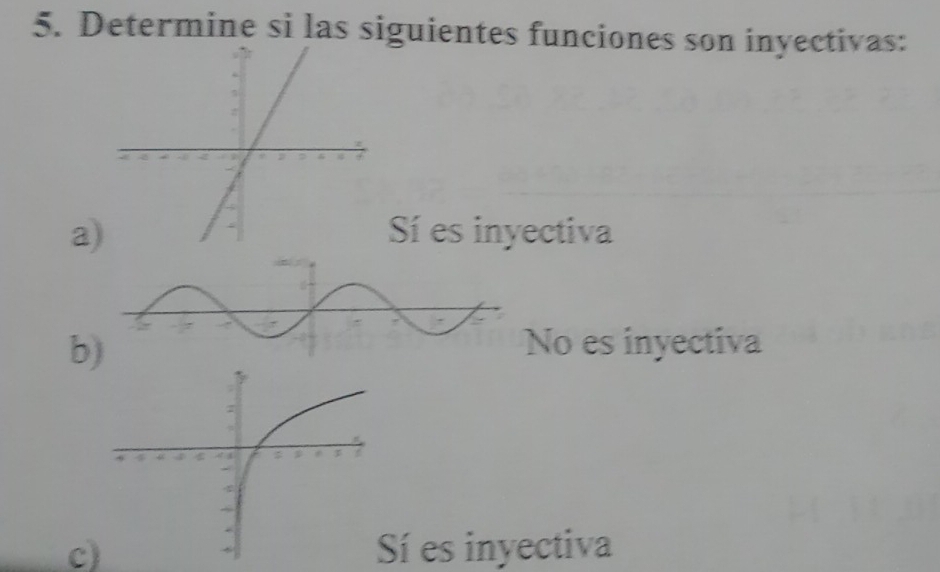 Determine si las siguientes funciones son inyectivas:
a)Sí es inyectiva
bNo es inyectiva
c) Sí es inyectiva