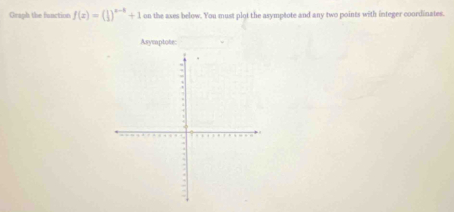 Graph the function f(x)=( 1/3 )^x-8+1 on the axes below. You must plot the asymptote and any two points with integer coordinates. 
Asymptote: