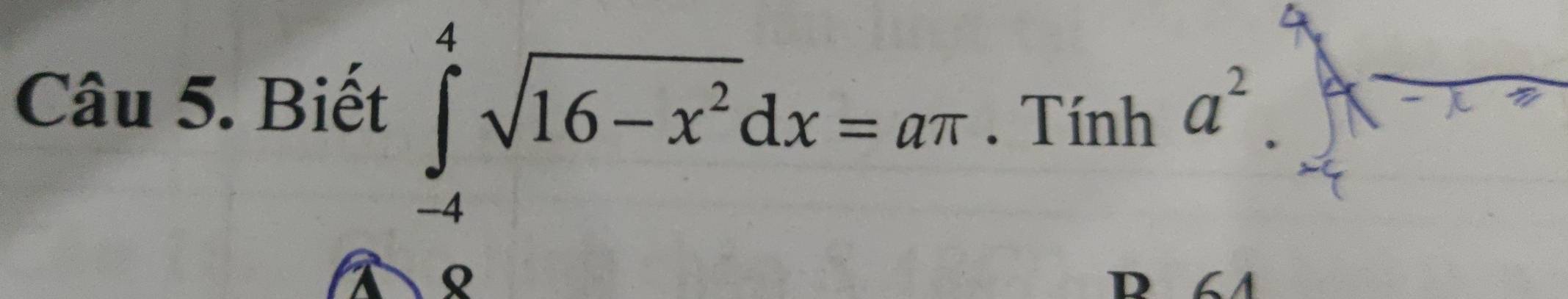 Biết ∈tlimits _(-4)^4sqrt(16-x^2)dx=aπ. Tính a^2. 
R 61