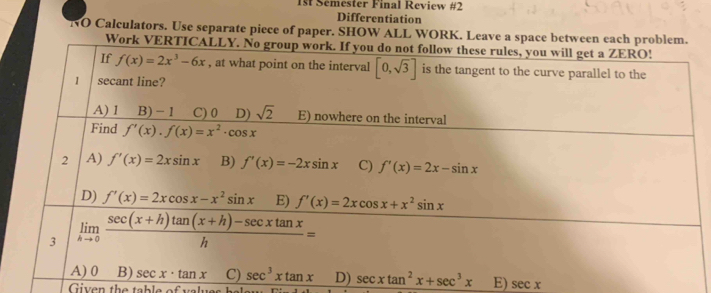 1st Semester Final Review #2
Differentiation
NO Calculators. Use separate piece of paper. SHOW ALL WORK. Leave a space betwee
Wo
E) sec x
Given the table of v