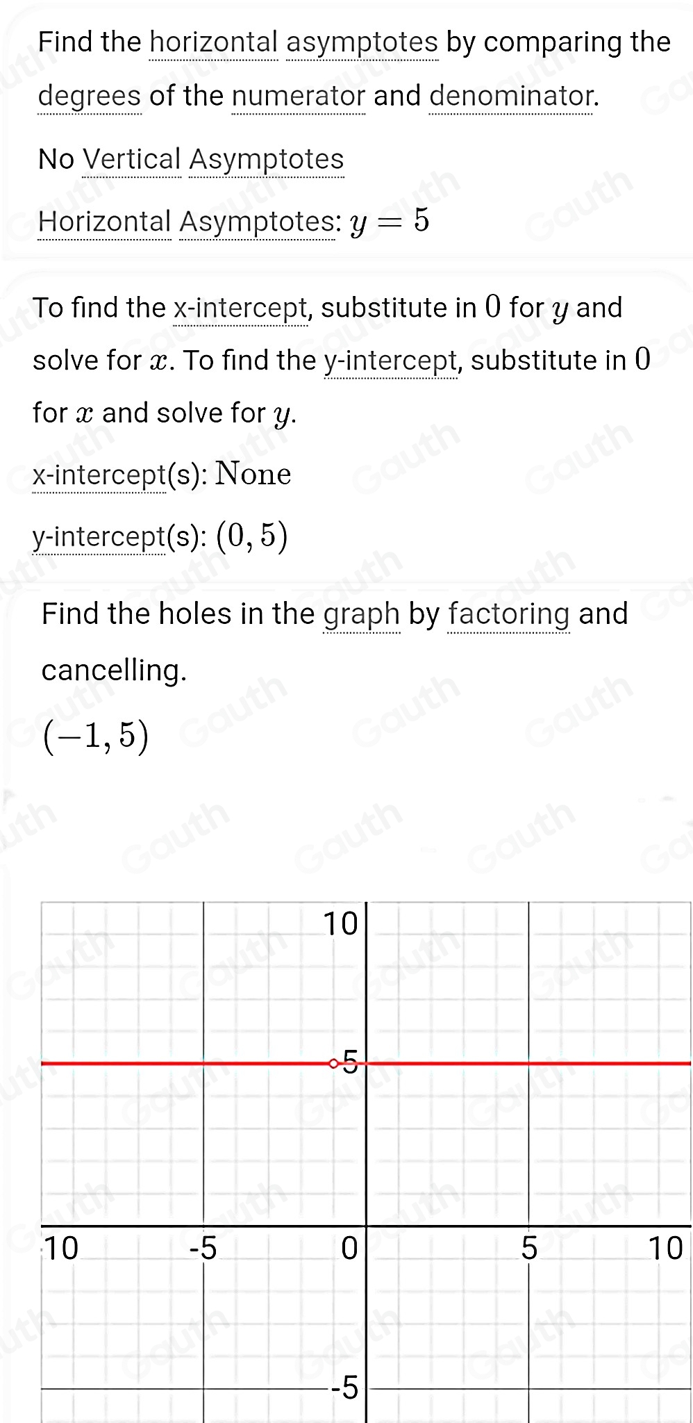 Find the horizontal asymptotes by comparing the 
degrees of the numerator and denominator. 
No Vertical Asymptotes 
Horizontal Asymptotes: y=5
To find the x-intercept, substitute in 0 for y and 
solve for x. To find the y-intercept, substitute in 0
for x and solve for y. 
x-intercept(s): None 
y-intercept(s): (0,5)
Find the holes in the graph by factoring and 
cancelling.
(-1,5)
10