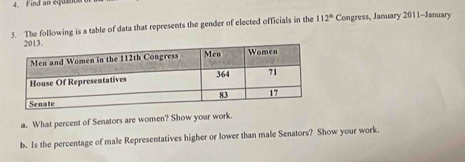 Find an equation 
5. The following is a table of data that represents the gender of elected officials in the 112^(th) Congress, January 2011-January 
a. What percent of Senators are women? Show your work. 
b. Is the percentage of male Representatives higher or lower than male Senators? Show your work.