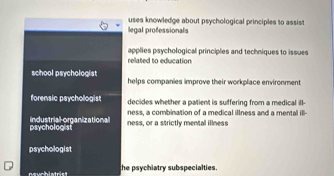 uses knowledge about psychological principles to assist
legal professionals
applies psychological principles and techniques to issues
related to education
school psychologist
helps companies improve their workplace environment
forensic psychologist decides whether a patient is suffering from a medical ill-
ness, a combination of a medical illness and a mental ill-
industrial-organizational ness, or a strictly mental illness
psychologist
psychologist
the psychiatry subspecialties.
nsychiatrist