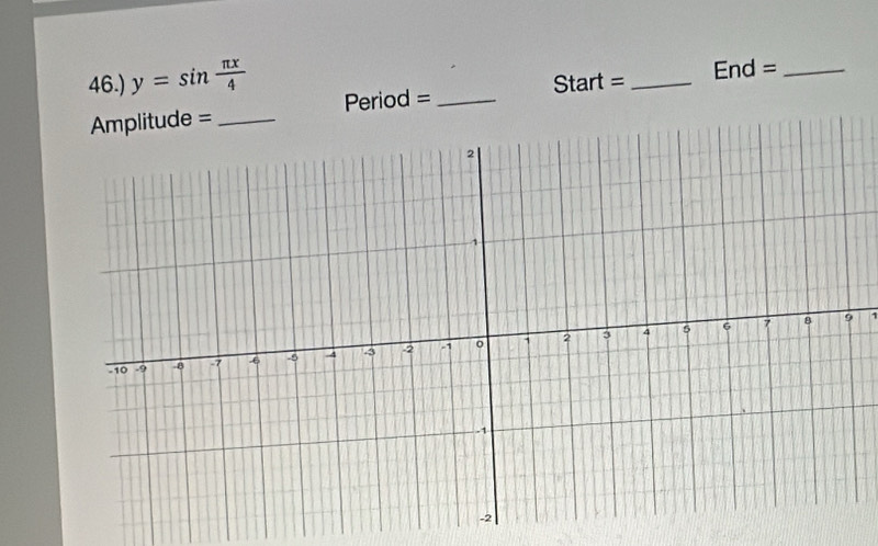 46.) y=sin  π x/4  Start =_ 
End =_ 
_Period =_ 
1