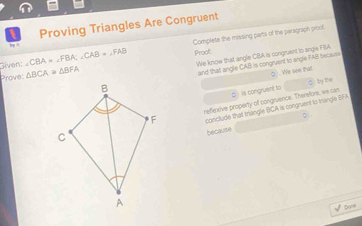 Solved: Proving Triangles Are Congruent Given: ∠ CBA=∠ FBA; ∠ CAB=∠ FAB ...