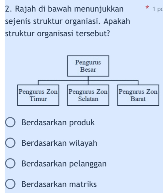 Rajah di bawah menunjukkan 1 pc
sejenis struktur organiasi. Apakah
struktur organisasi tersebut?
Berdasarkan produk
Berdasarkan wilayah
Berdasarkan pelanggan
Berdasarkan matriks