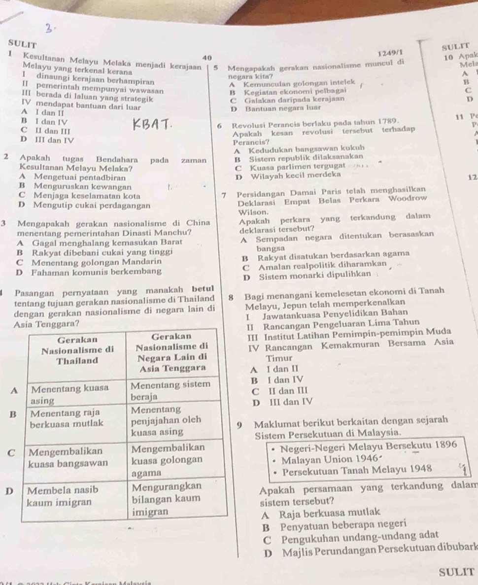 sULit
1249/1 SULIT
I Kesultanan Melayu Melaka menjadi kerajaan 5 Mengapakah gerakan nasionalisme muncul di 10 Apak
40
Mela
Melayu yang terkenal kerana
negara kita? A 
I dinaungi kerajaan berhampiran
A Kemunculan golongan intelek B
II pemerintah mempunyai wawasan
B Kegiatan ekonomi pelbagai
c
III berada di laluan yang strategik
C Gaiakan darípada kerajaan D
IV mendapat bantuan dari luar P
A I dan II
D Bantuan negara luar
B I dan IV
6 Revolusi Perancis berlaku pada tahun 1789. 11 P
C II dan III
Apakah kesan revolusi tersebut terhadap

D III dan IV
Peraneis?
A Kedudukan bangsawan kukuh
2 Apakah tugas Bendahara pada zaman B Sistem republik dilaksanakan
Kesultanan Melayu Melaka? C Kuasa parlímen tergugat
A Mengetuai pentadbiran D Wilayah kecil merdeka
12
B Menguruskan kewangan 1.
C Menjaga keselamatan kota 7 Persidangan Damai Paris telah menghasilkan
D Mengutip cukai perdagangan Deklarasi Empat Belas Perkara Woodrow
Wilson.
3 Mengapakah gerakan nasionalisme di China Apakah perkara yang terkandung dalam
menentang pemerintahan Dinasti Manchu? deklarasi tersebut?
A Gagal menghalang kemasukan Barat A Sempadan negara ditentukan berasaskan
B Rakyat dibebani cukai yang tinggi bangsa
C Menentang golongan Mandarin B Rakyat disatukan berdasarkan agama
D Fahaman komunis berkembang C Amalan realpolitik diharamkan
D Sistem monarki dipulihkan
Pasangan pernyataan yang manakah betul
tentang tujuan gerakan nasionalisme di Thailand 8 Bagi menangani kemelesetan ekonomi di Tanah
dengan gerakan nasionalisme di negara lain di Melayu, Jepun telah memperkenalkan
I Jawatankuasa Penyelidikan Bahan
II Rancangan Pengeluaran Lima Tahun
III Institut Latihan Pemimpin-pemimpin Muda
IV Rancangan Kemakmuran Bersama Asia
Timur
A I dan II
B I dan IV
C II dan III
D III dan IV
9 Maklumat berikut berkaitan dengan sejarah
Sistem Persekutuan di Malaysia.
C
Negeri-Negeri Melayu Bersekutu 1896
Malayan Union 1946
Persekutuan Tanah Melayu 1948
D
Apakah persamaan yang terkandung dalam
sistem tersebut?
A Raja berkuasa mutlak
B Penyatuan beberapa negeri
C Pengukuhan undang-undang adat
D Majlis Perundangan Persekutuan dibubark
SULIT