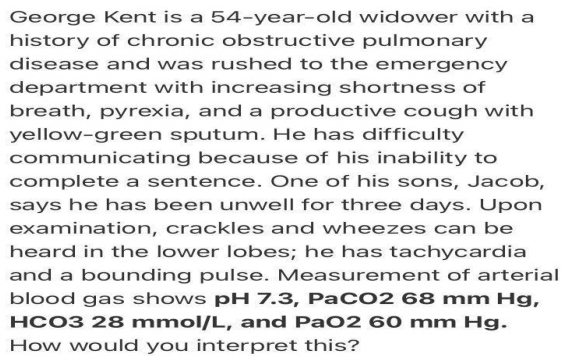 George Kent is a 54-year -old widower with a 
history of chronic obstructive pulmonary 
disease and was rushed to the emergency 
department with increasing shortness of 
breath, pyrexia, and a productive cough with 
yellow-green sputum. He has difficulty 
communicating because of his inability to 
complete a sentence. One of his sons, Jacob, 
says he has been unwell for three days. Upon 
examination, crackles and wheezes can be 
heard in the lower lobes; he has tachycardia 
and a bounding pulse. Measurement of arterial 
blood gas shows pH 7.3, PaCO2 68 mm Hg,
HCO3 28 mmol/L, and PaO2 60 mm Hg. 
How would you interpret this?