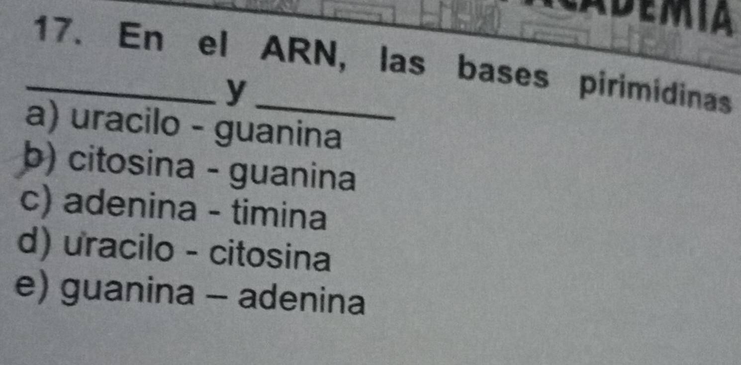 En el ARN, las bases pirimidinas
y
a) uracilo - guanina
b) citosina - guanina
c) adenina - timina
d) uracilo - citosina
e) guanina - adenina