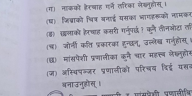 (ग) नाकको हेरचाह गर्ने तरिका लेख्न्होस् 
(घ) जिब्राको चित्र बनाई यसका भागहरूको 
(ड) छलाको हेरचाह कसरी गरनुपछ ? कुनै तीनर 
(च) जोर्नी कति प्रकारका हुन्छन्, उल्लेख गनुंह 
(छ) मांसपेशी प्रणालीका कुनै चार महत्त्व ले 
(ज) ऑस्थिपञ्जर प्रणालीको परिचय दिई यस 
बनाउनुहोस् । 
पी र पंसऐेभी पणालीनि