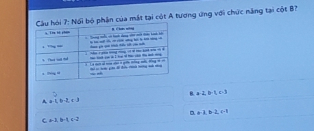 bộ phận của mắt tại cột A tương ứng với chức năng tại cột B?
A. a-1, b-2, c-3 B. a-2, b-1 c 3
D. a-3, b-2, c-1
C a-3, b-1, c-2