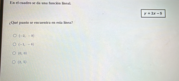 En el cuadro se da una función lineal.
y=2x-5
¿Qué punto se encuentra en esta línea?
(-2,-9)
(-1,-6)
(0,0)
(2,5)