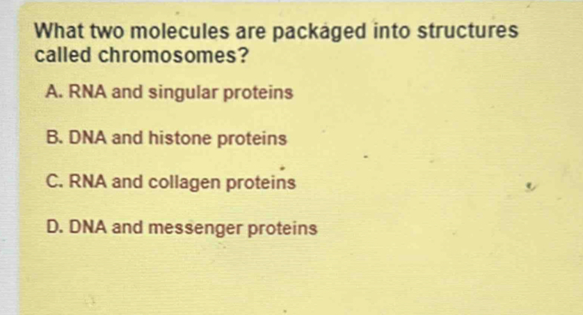 What two molecules are packaged into structures
called chromosomes?
A. RNA and singular proteins
B. DNA and histone proteins
C. RNA and collagen proteins
D. DNA and messenger proteins