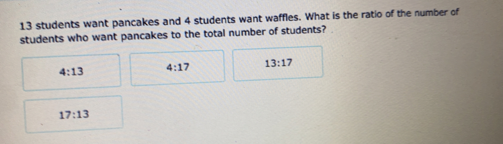 13 students want pancakes and 4 students want waffles. What is the ratio of the number of
students who want pancakes to the total number of students?
13:17
4:13
4:17
17:13