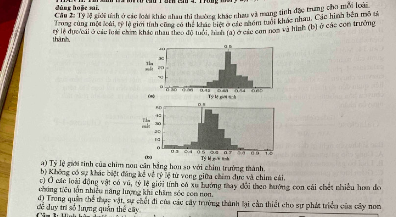 a h tra 1or to cầu 1đến cầd 4. Prong m 
đúng hoặc sai. 
Câu 2: Tỷ lệ giới tính ở các loài khác nhau thì thường khác nhau và mang tính đặc trưng cho mỗi loài 
Trong cùng một loài, tỷ lệ giới tính cũng có thể khác biệt ở các nhóm tuổi khác nhau. Các hình bên mô tả 
lỷ lệ dực/cái ở các loài chim khác nhau theo độ tuổi, hình (a) ở các con non và hình (b) ở các con trưởng 
thành. 
a) Tỷ lệ giới tính của chim non cần bằng hơn so với chim trưởng thành. 
b) Không có sự khác biệt đáng kề về tỷ lệ tử vong giữa chim đực và chim cái. 
c) Ở các loài động vật có vú, tỷ lệ giới tính có xu hướng thay đổi theo hướng con cái chết nhiều hơn do 
chúng tiêu tổn nhiều năng lượng khi chăm sóc con non. 
d) Trong quần thể thực vật, sự chết đi của các cây trưởng thành lại cần thiết cho sự phát triển của cây non 
để duy trì số lượng quần thể cây. 
Câu 3: 1