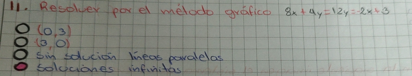 Resolver porel melodo grafice 8x+4y=12y=-2x+3
(0,3)
(3,0)
sin solucion lheas parglelas 
solccones infiulitas