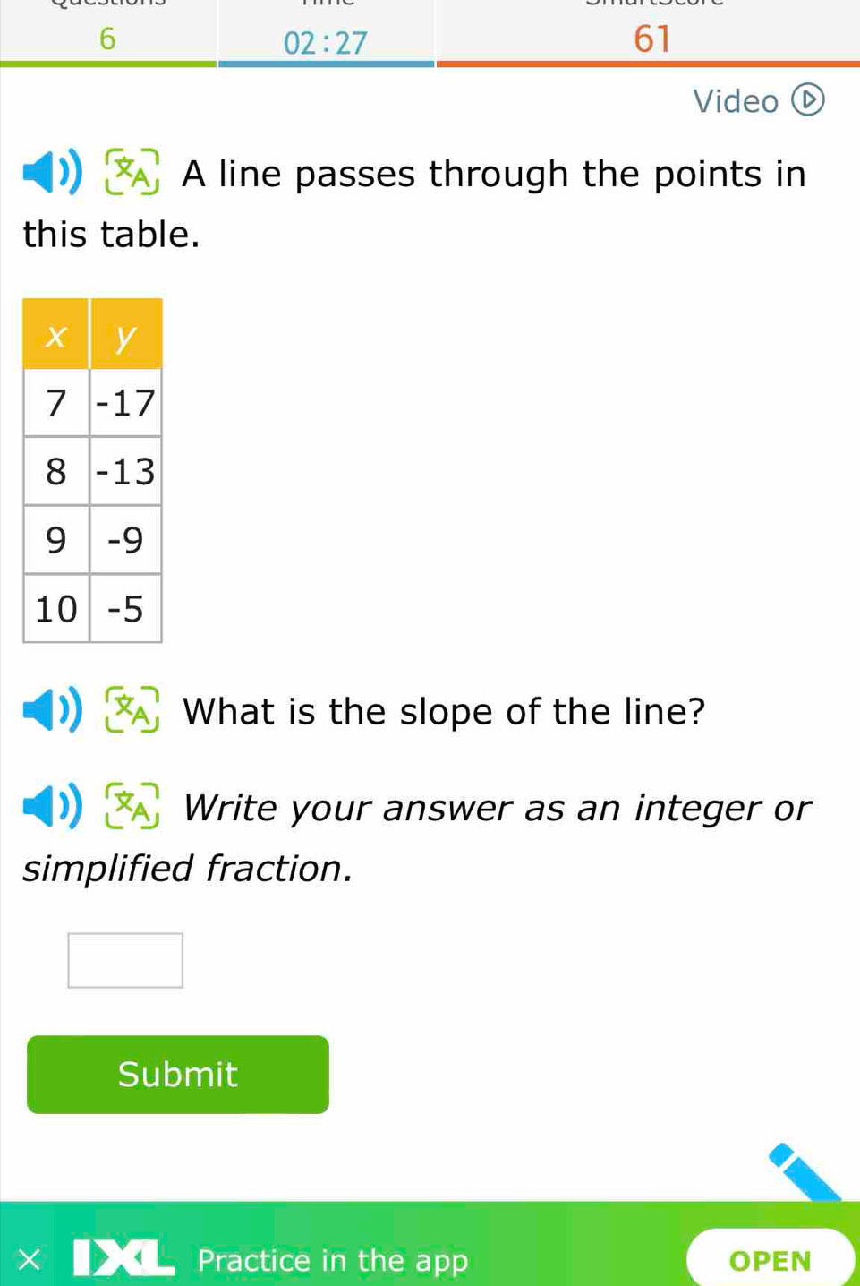 6 
02:27 
61 
Video 
A line passes through the points in 
this table. 
What is the slope of the line? 
Write your answer as an integer or 
simplified fraction. 
Submit 
× Practice in the app OPEN