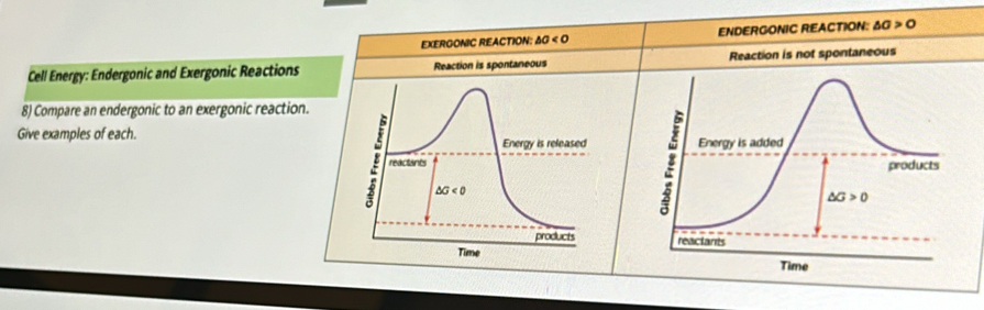 EXERGONIC REACTION: △ a<0</tex> ENDERGONIC REACTION: △ a>0
Cell Energy: Endergonic and Exergonic Reactions Reaction is spontaneous Reaction is not spontaneous
8) Compare an endergonic to an exergonic reaction.
Give examples of each. Energy is released
2 reactants
△ G<0</tex>
products
Time