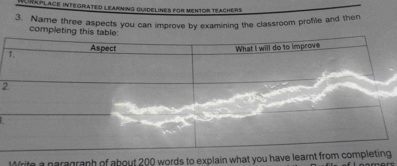 WORKPLACE INTEGRATED LEARNING GUIDELINES FOR MENTOR TEACHERS 
3. Name three aspects you can improve by examining the classroom profile and then 
comple 
2 
Write a paragraph of about 200 words to explain what you have learnt fro