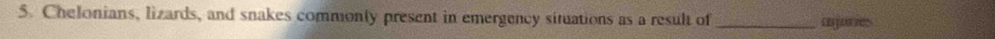 Chelonians, lizards, and snakes commonly present in emergency situations as a result of _ajures