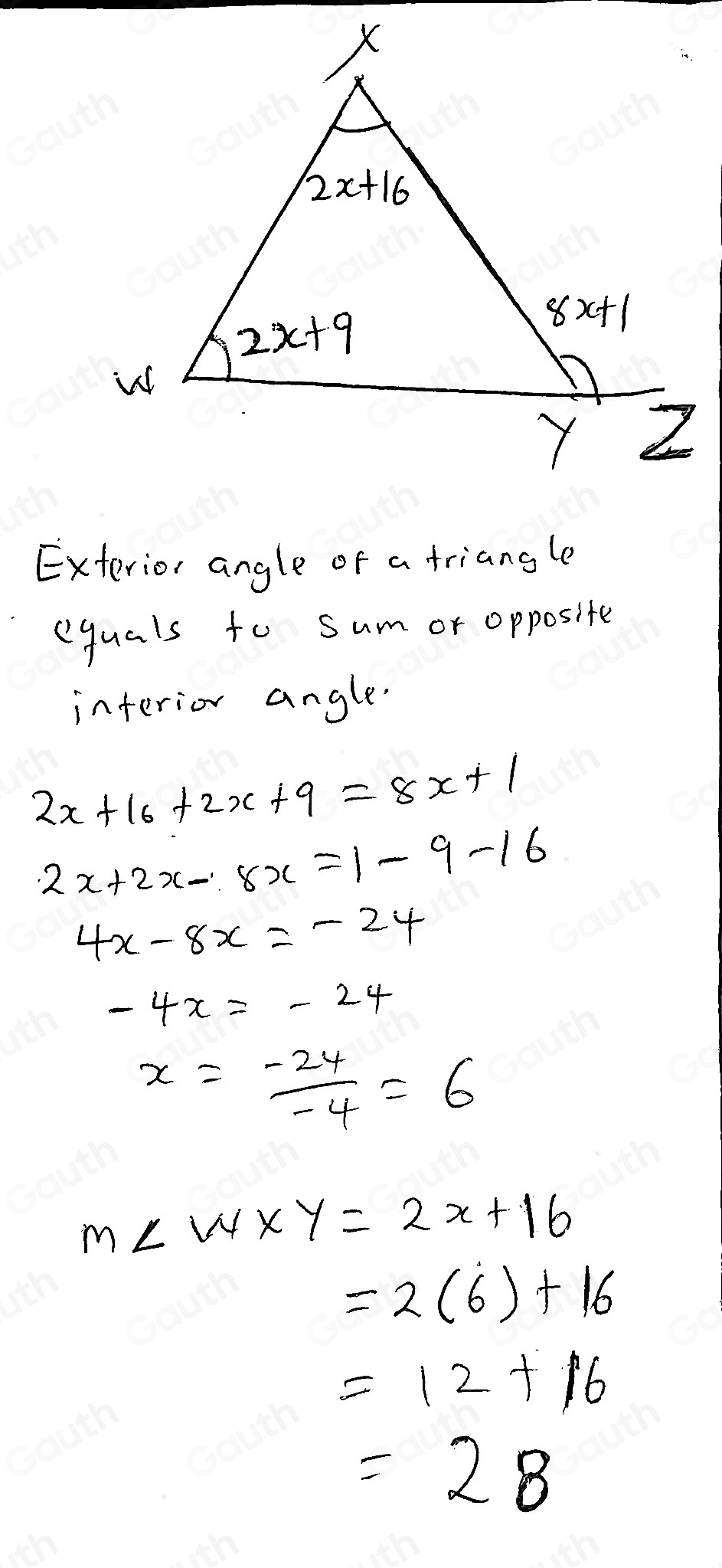 Solved: In WXY, overline WY is extended through point Y to point Z, m∠ ...
