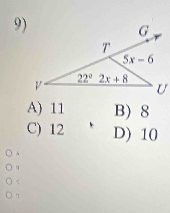 A) 11 B) 8
C) 12
D) 10
A
n
C
D