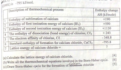 EaCes
(K) is -795 kJ/mol.
(a)Calculate the lattice energy of calcium chloride. [4]
(b)Write all the thermochemical equations involved in the Born-Haber cycle. [6]
(c)Draw Born-Haber cycle for the formation of strontium chloride [5]