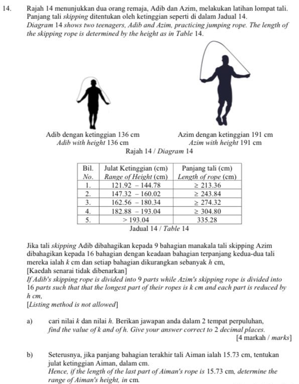 Rajah 14 menunjukkan dua orang remaja, Adib dan Azim, melakukan latihan lompat tali.
Panjang tali skipping ditentukan oleh ketinggian seperti di dalam Jadual 14.
Diagram 14 shows two teenagers, Adib and Azim, practicing jumping rope. The length of
the skipping rope is determined by the height as in Table 14.
Adib dengan ketinggian 136 cm Azim dengan ketinggian 191 cm
Adib with height 136 cm Azim with height 191 cm
Rajah 14 / Diagram 14
Jika tali skipping Adib dibahagikan kepada 9 bahagian manakala tali skipping Azim
dibahagikan kepada 16 bahagian dengan keadaan bahagian terpanjang kedua-dua tali
mereka ialah k cm dan setiap bahagian dikurangkan sebanyak h cm,
[Kaedah senarai tidak dibenarkan]
If Adib's skipping rope is divided into 9 parts while Azim's skipping rope is divided into
16 parts such that that the longest part of their ropes is k cm and each part is reduced by
h cm,
[Listing method is not allowed]
a) cari nilai k dan nilai ½. Berikan jawapan anda dalam 2 tempat perpuluhan,
find the value of k and of h. Give your answer correct to 2 decimal places.
[4 markah / marks]
b) Seterusnya, jika panjang bahagian terakhir tali Aiman ialah 15.73 cm, tentukan
julat ketinggian Aiman, dalam cm.
Hence, if the length of the last part of Aiman's rope is 15.73 cm, determine the
range of Aiman's height, in cm.