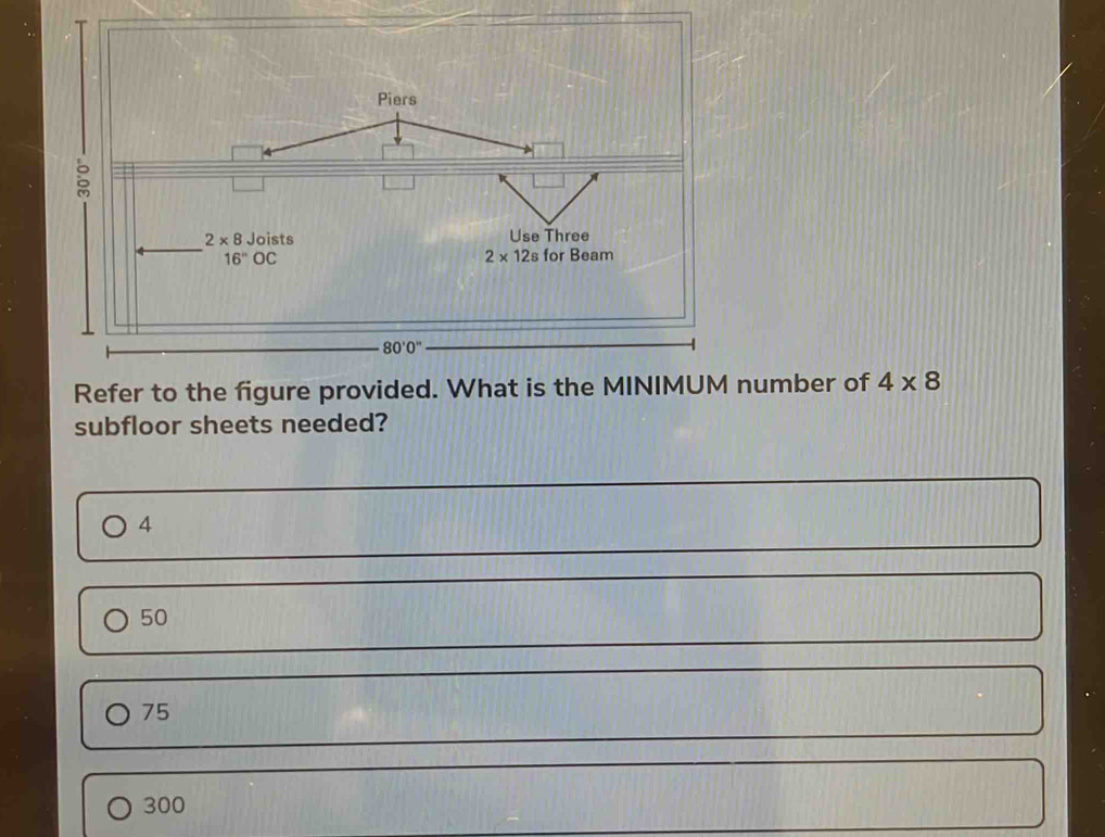 Refer to  number of 4* 8
subfloor sheets needed?
4
50
75
300