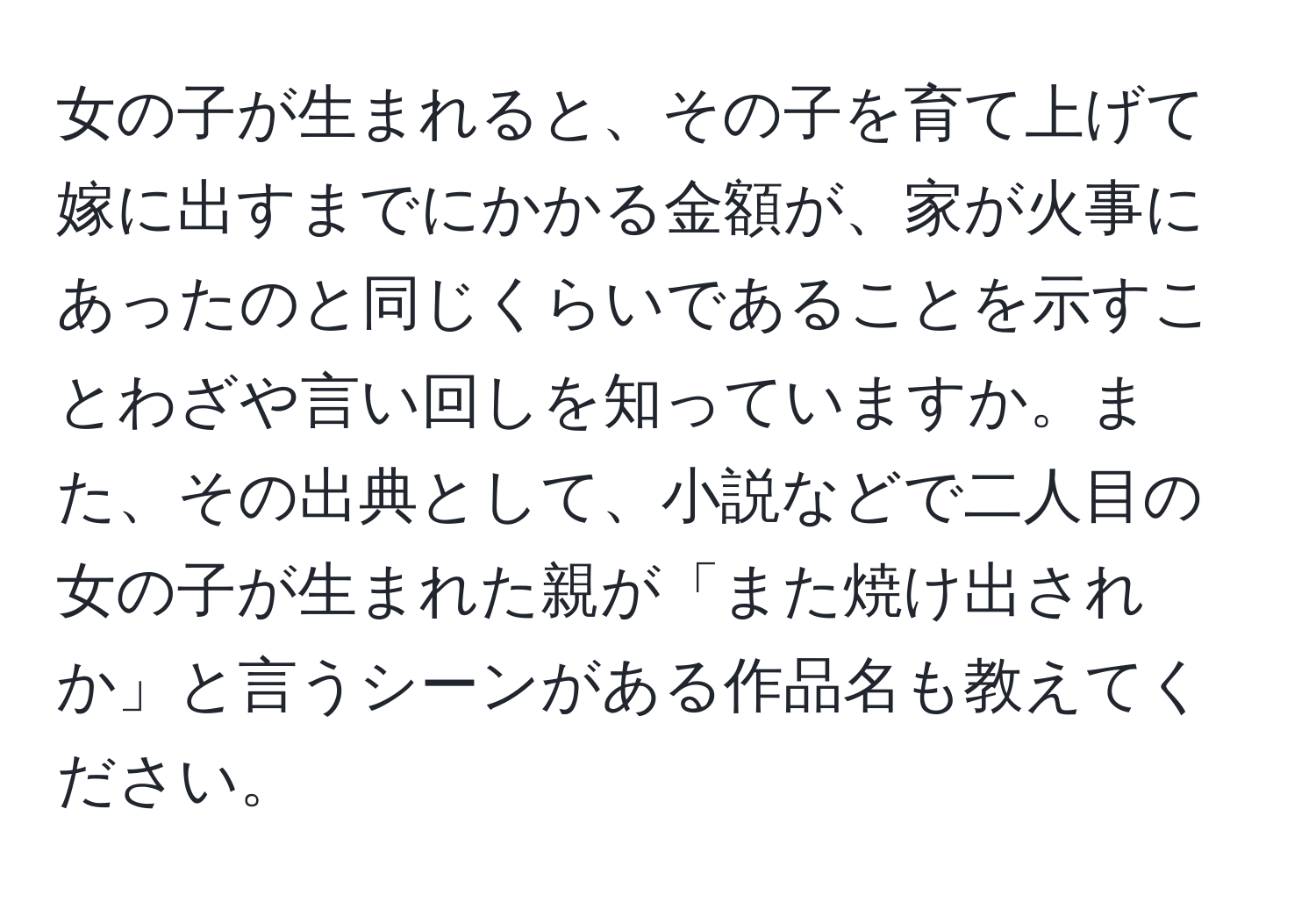 女の子が生まれると、その子を育て上げて嫁に出すまでにかかる金額が、家が火事にあったのと同じくらいであることを示すことわざや言い回しを知っていますか。また、その出典として、小説などで二人目の女の子が生まれた親が「また焼け出されか」と言うシーンがある作品名も教えてください。