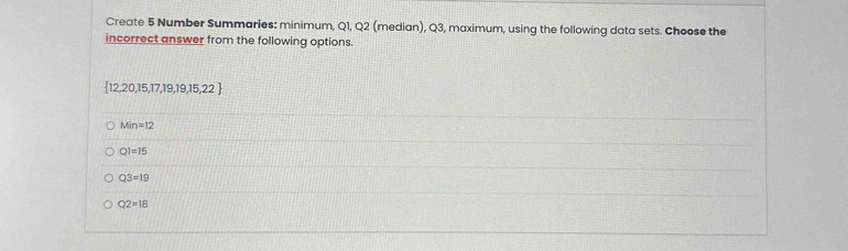 Create 5 Number Summaries: minimum, Q1, Q2 (median), Q3, maximum, using the following data sets. Choose the
incorrect answer from the following options.
 12,20,15,17,19,19,15,22
Min=12
Q1=15
Q3=19
Q2=18