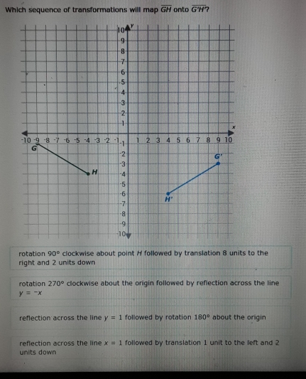 Which sequence of transformations will map overline GH onto overline G'H' 2
rotation 90° clockwise about point H followed by translation 8 units to the
right and 2 units down
rotation 270° clockwise about the origin followed by reflection across the line
y=-x
reflection across the line y=1 followed by rotation 180° about the origin
reflection across the line x=1 followed by translation 1 unit to the left and 2
units down