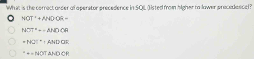 Solved: What is the correct order of operator precedence in SQL (listed ...