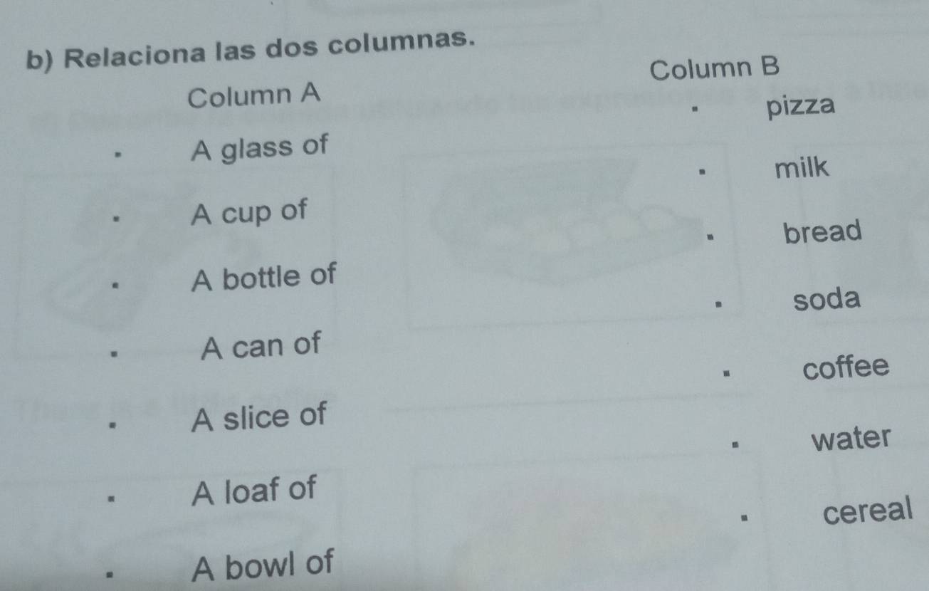 Relaciona las dos columnas. 
Column B 
Column A 
pizza 
A glass of 
milk 
A cup of 
bread 
A bottle of 
soda 
A can of 
coffee 
A slice of 
. water 
A loaf of 
cereal 
A bowl of