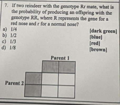 If two reindeer with the genotype Rr mate, what is
the probability of producing an offspring with the
genotype RR, where R represents the gene for a
red nose and r for a normal nose?
a) 1/4 [dark green]
b) 1/2 [blue]
c) 1/3 [red]
d) 1/8 [brown]
Parent 1
Parent 2