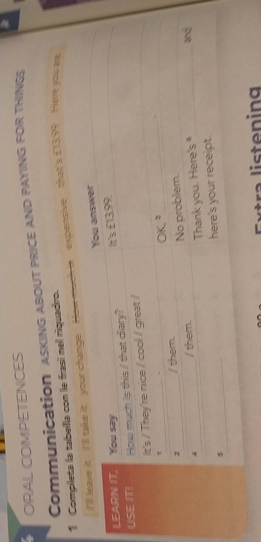 ORAL COMPETENCES
CommunicatioN ASKING ABOUT PRICE AND PAYING FOR THINGS
1 Completa la tabella con le frasi nel riquadro.
much is expensive that's £13.99 Here you are.
ten ing